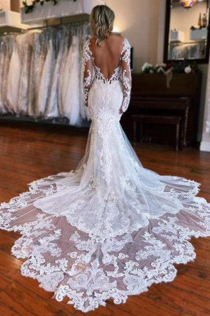 Charming Mermaid Long Sleeves Wedding Dress with Overskirt - Fashionpara