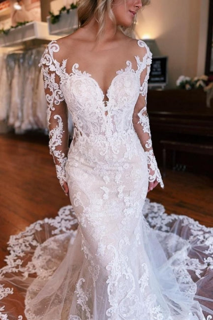 Charming Mermaid Long Sleeves Wedding Dress with Overskirt - Fashionpara