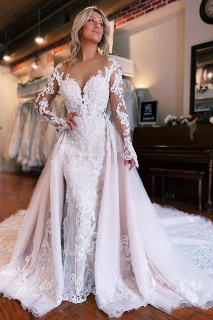 Charming Mermaid Long Sleeves Wedding Dress with Overskirt - Fashionpara