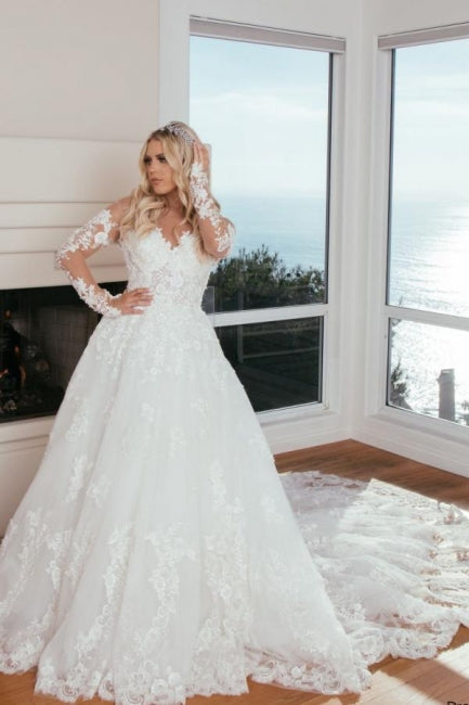 Unique A-Line Long Sleeves Sweetheart Princess Wedding Dress with Lace - Fashionpara