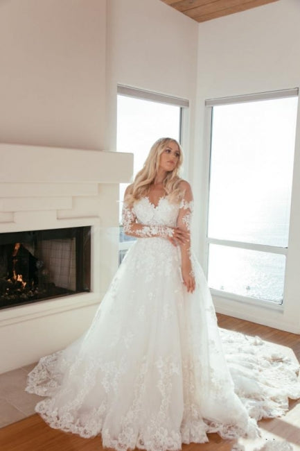 Unique A-Line Long Sleeves Sweetheart Princess Wedding Dress with Lace - Fashionpara