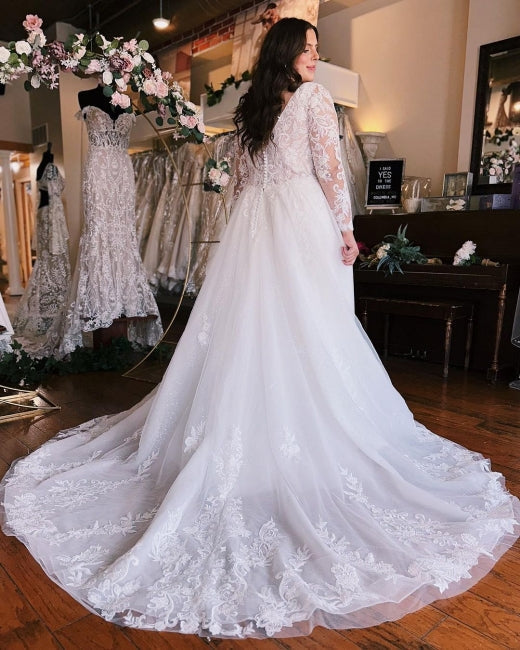 A-Line V-Neck Long Sleeves Plus Size Chiffon Wedding Dress - Fashionpara