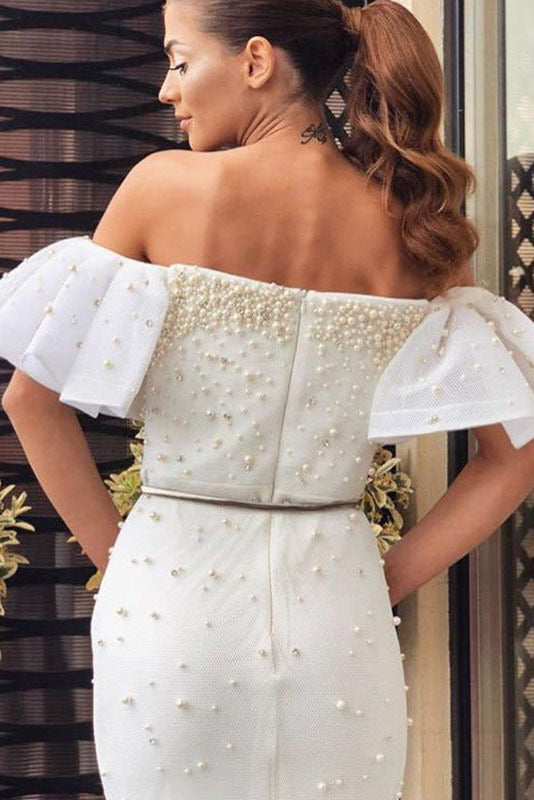 Pearl Embellished Off-Shoulder Puff Sleeve Bodycon Dress