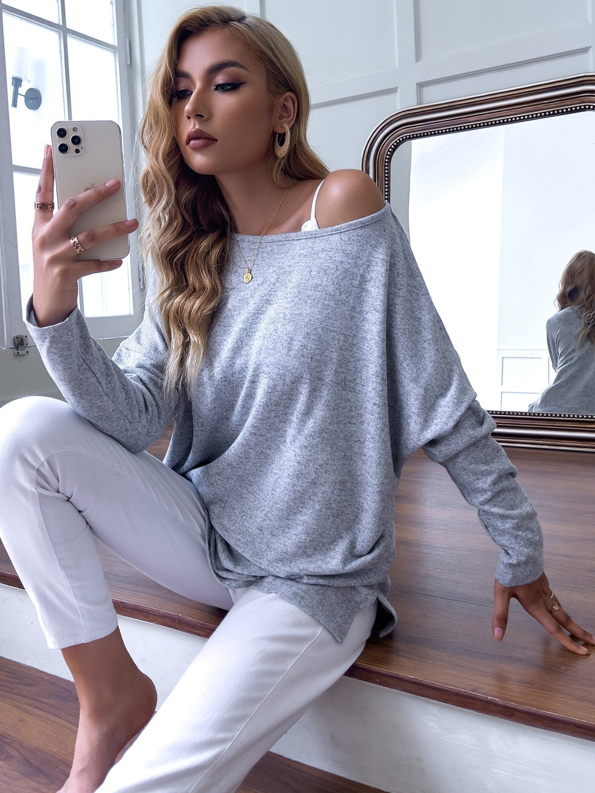 KittenAlarm - Long sleeve off the shoulder t-shirt round neck loose casual top