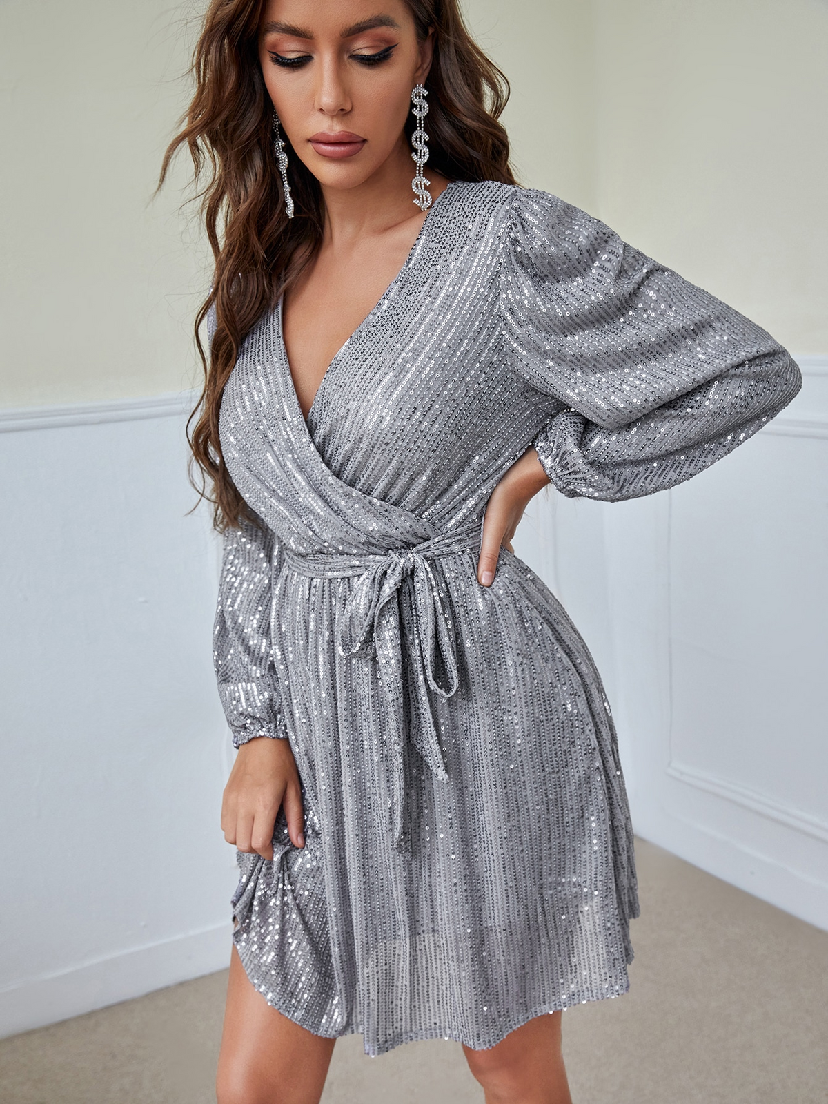 KittenAlarm - Long sleeve sequined short V-neck dress