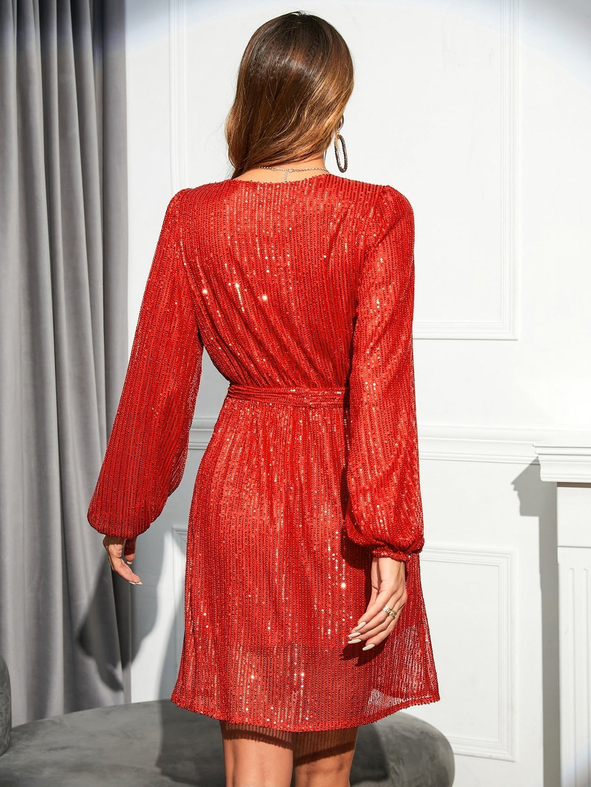 KittenAlarm - Long sleeve sequined short V-neck dress
