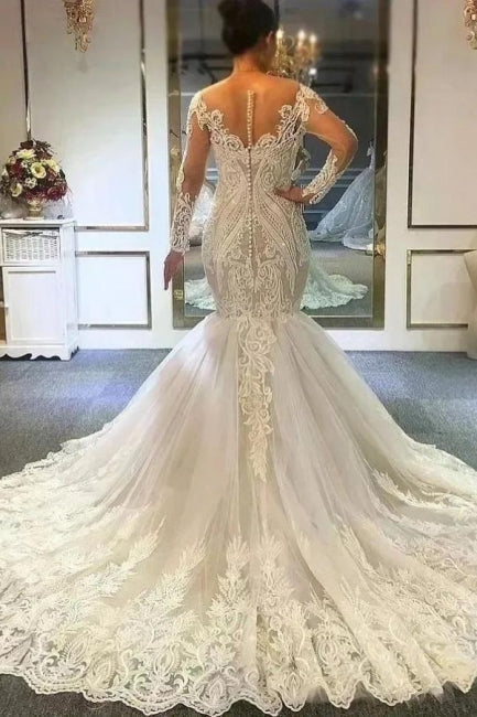 Mermaid Long sleeves Ivory Sweetheart Charming Wedding Dress Lace - Fashionpara