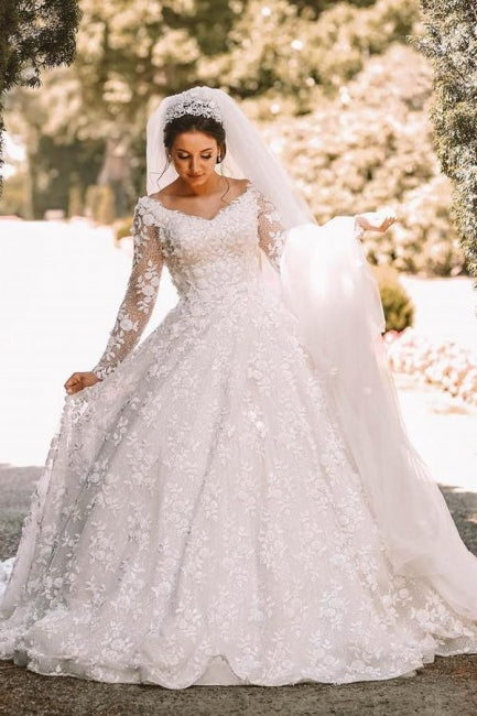Ball gown Long sleeves Lace round neck Tulle Wedding Dress - Fashionpara