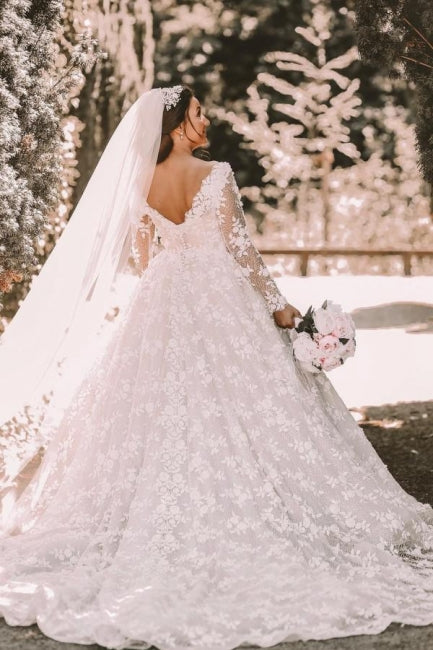 Ball gown Long sleeves Lace round neck Tulle Wedding Dress - Fashionpara