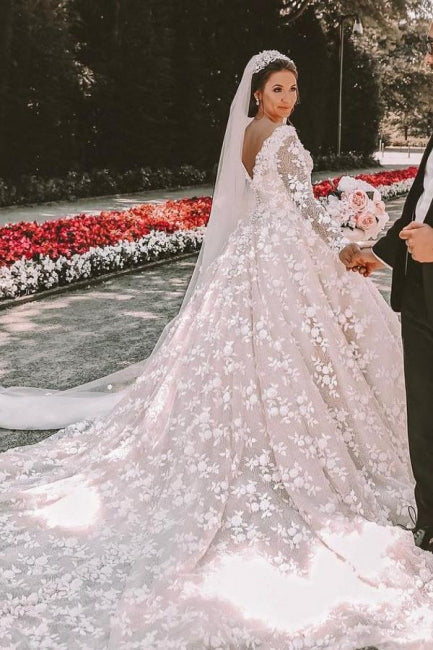 Ball gown Long sleeves Lace round neck Tulle Wedding Dress - Fashionpara