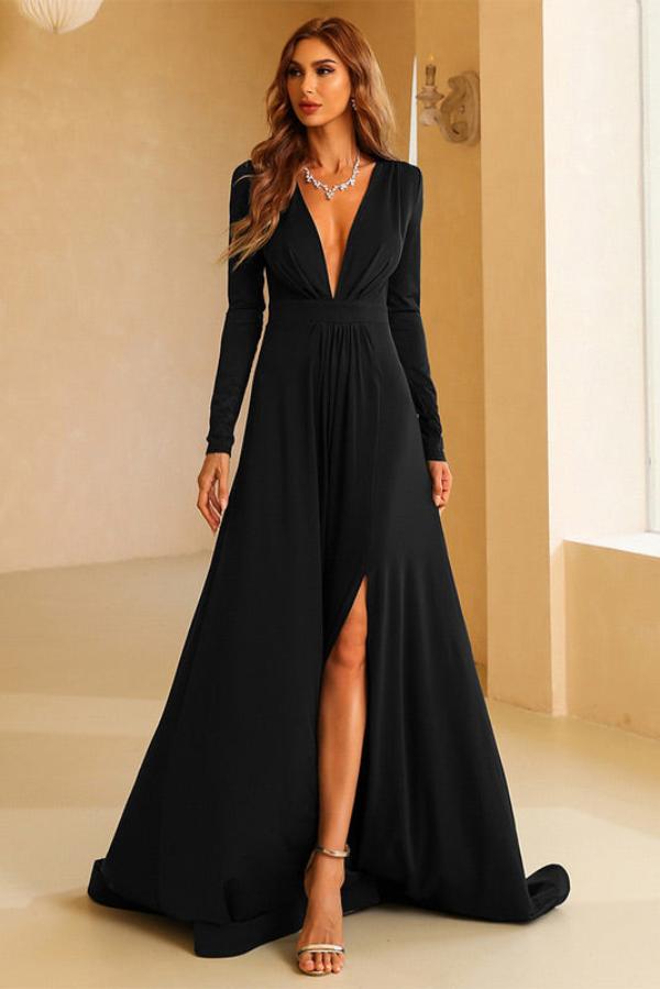 Dark Green Long Sleeve A-Line Plunging Evening Dresses - Fashionpara