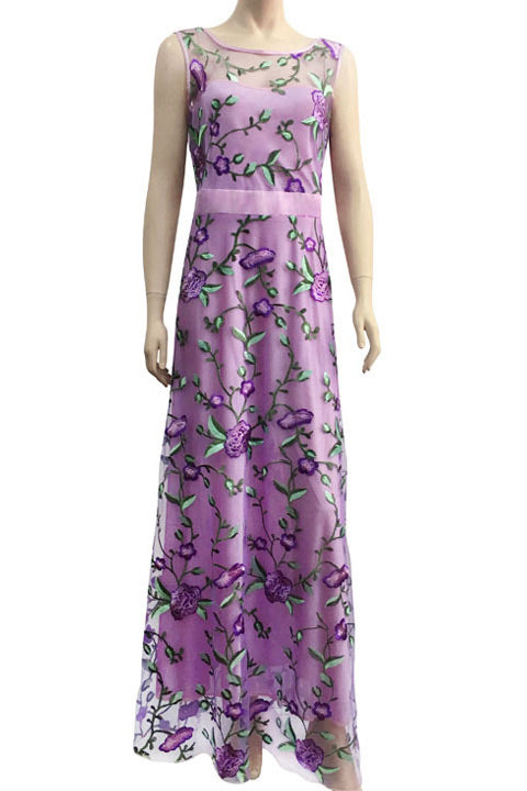 Floral Embroidered Scoop Neck Sleeveless A-Line Gown