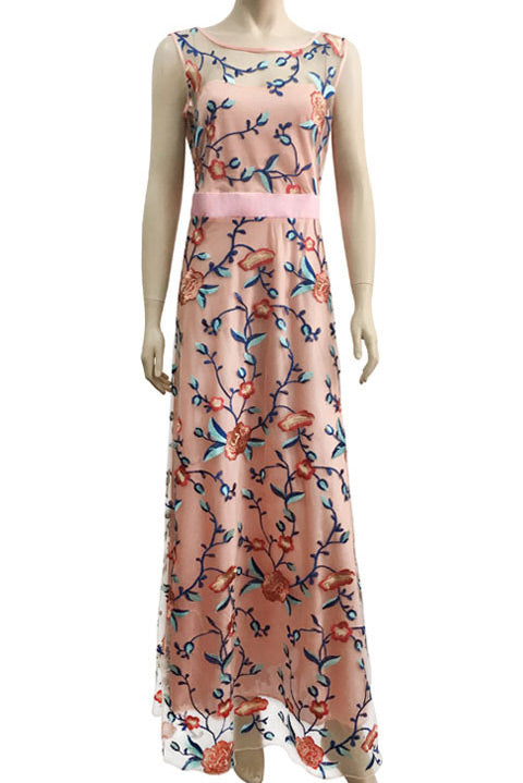 Floral Embroidered Scoop Neck Sleeveless A-Line Gown