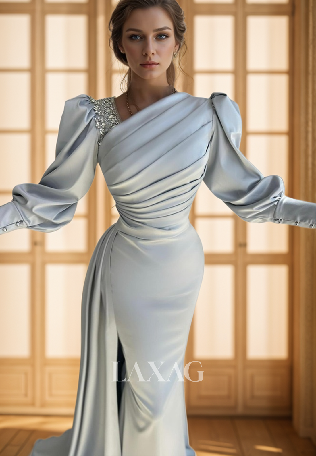 23172 - Long Sleeves Beaded Mermaid Party Prom Formal Evening Dress with Train - Fashionpara