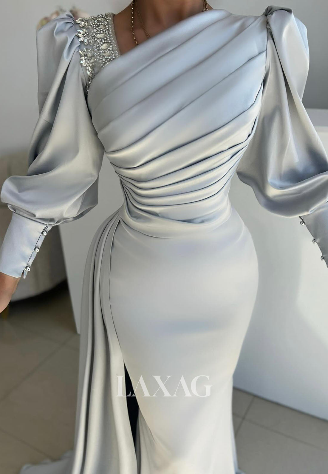 23172 - Long Sleeves Beaded Mermaid Party Prom Formal Evening Dress with Train - Fashionpara