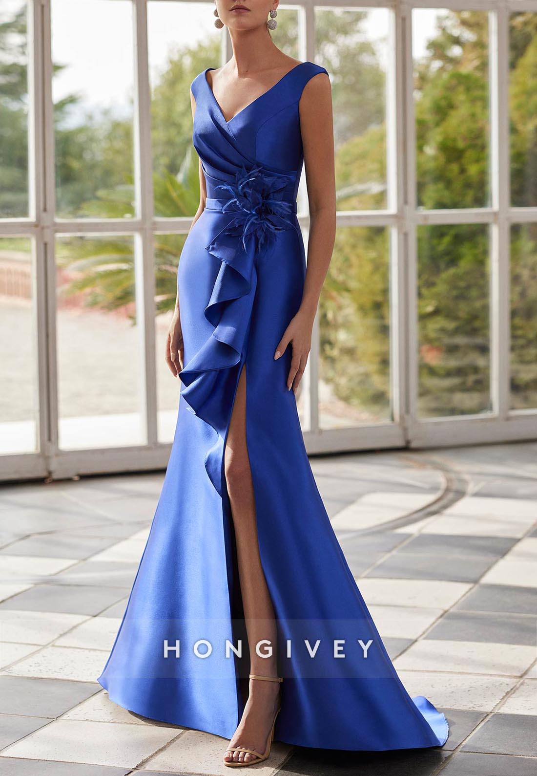 V Neck Satin Cap Straps Trumpet Floor-Length Pleated Flower Evening Gown