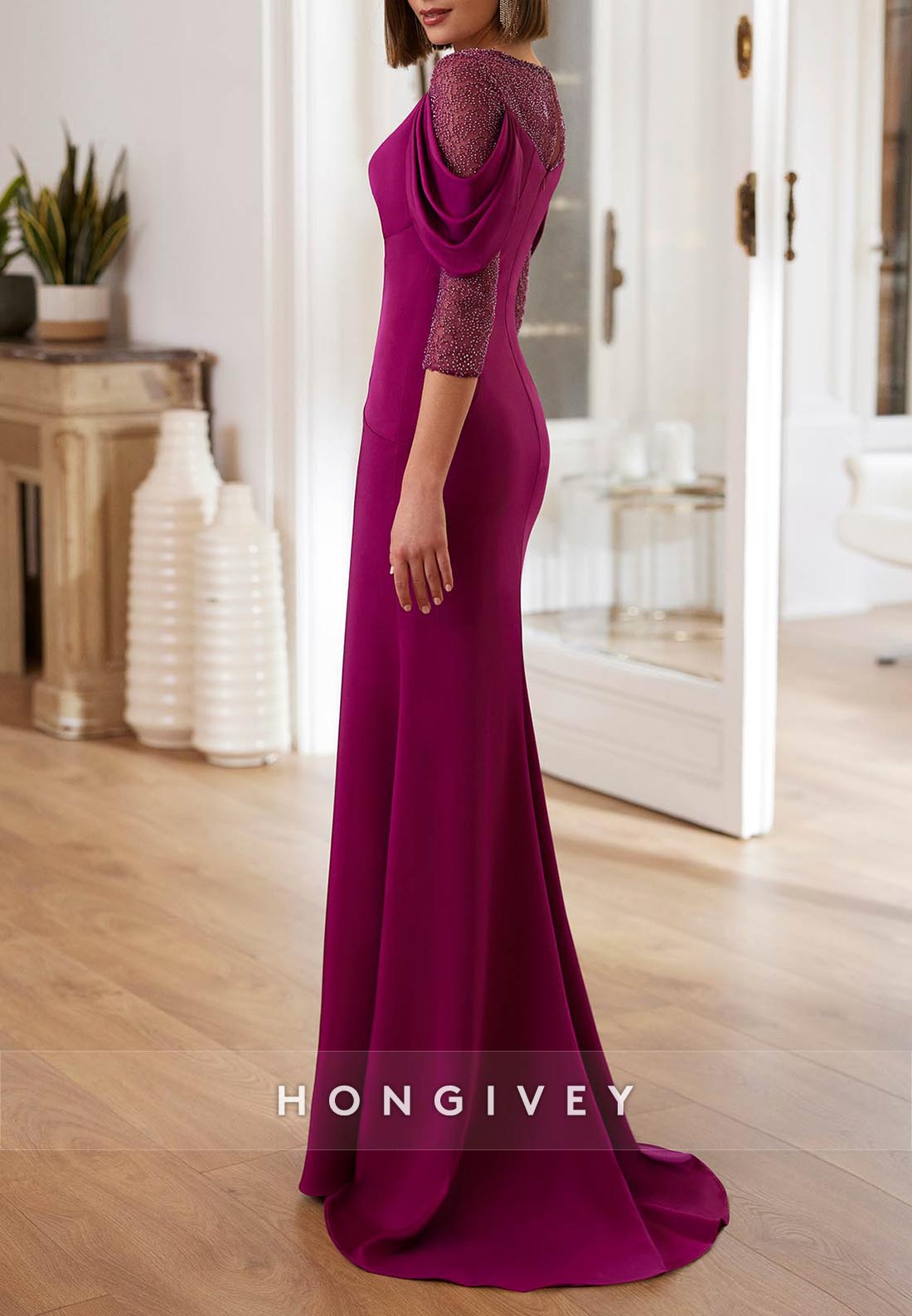 Scoop Sheath Sweep Train 3/4 Sleeve Elegant Pleated Evening Gown