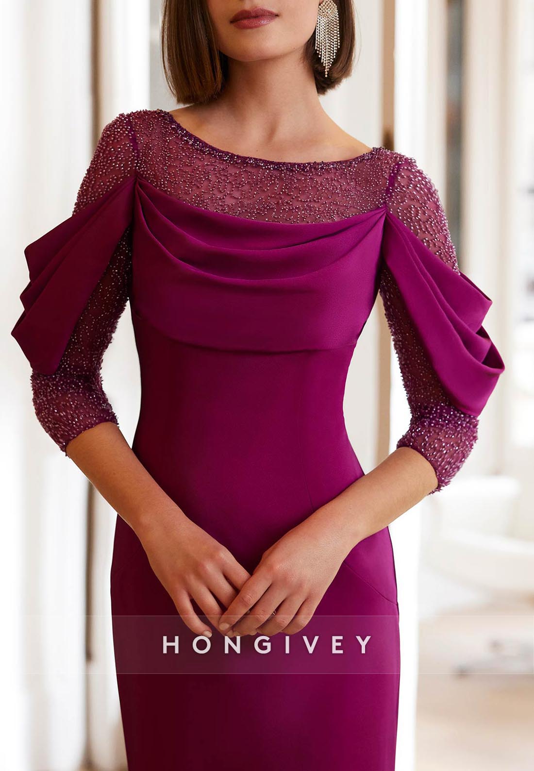 Scoop Sheath Sweep Train 3/4 Sleeve Elegant Pleated Evening Gown