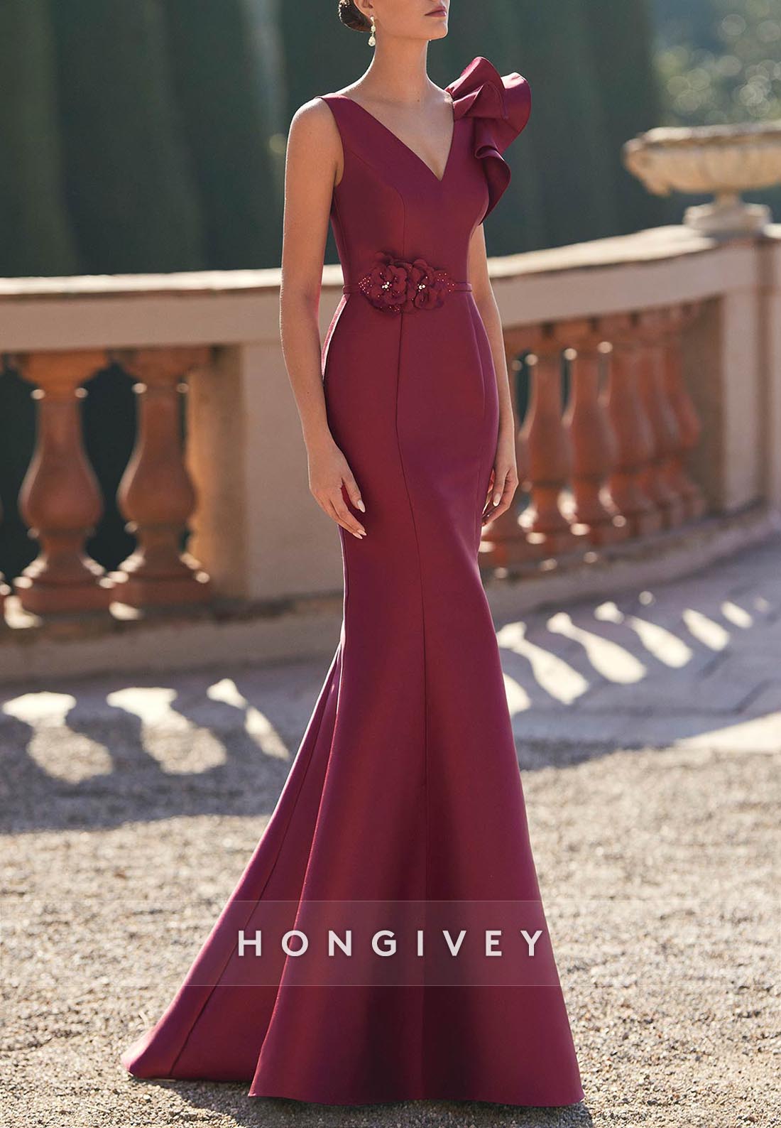 Trumpet V Neck Mother of the Bride Floor-Length Handmade Flowers Evening Gown