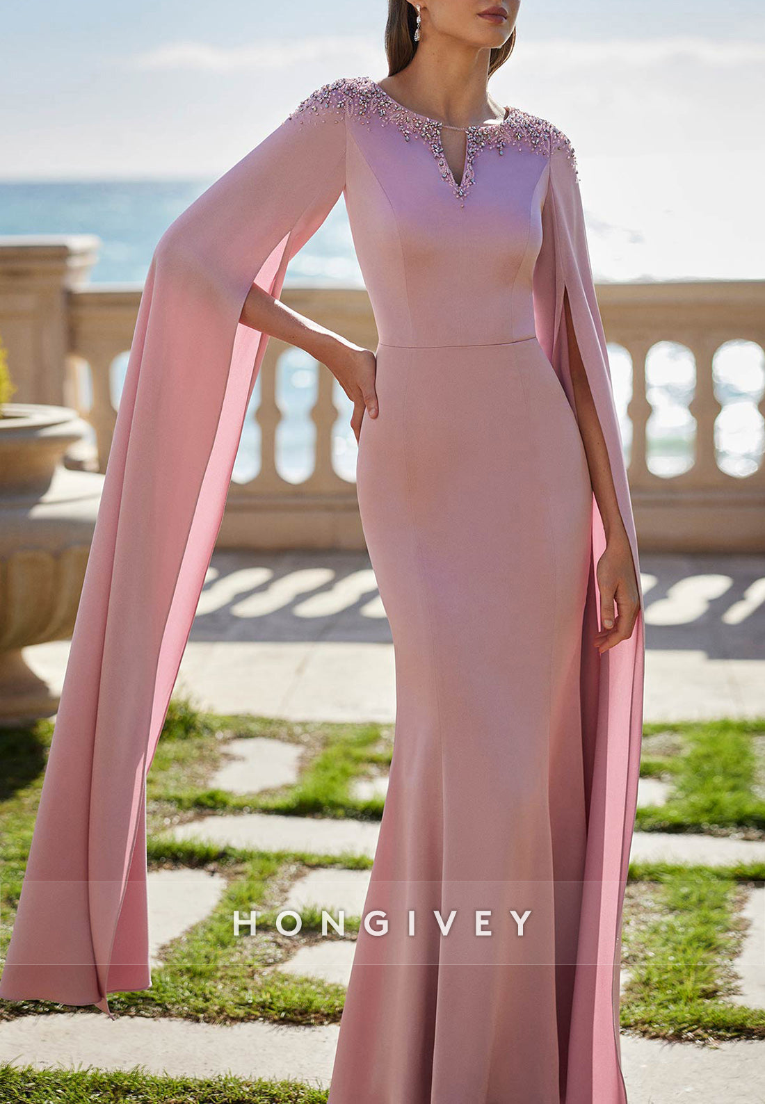 Trumpet Floor-Length V Neck Pleated Beading Mother of the Bride