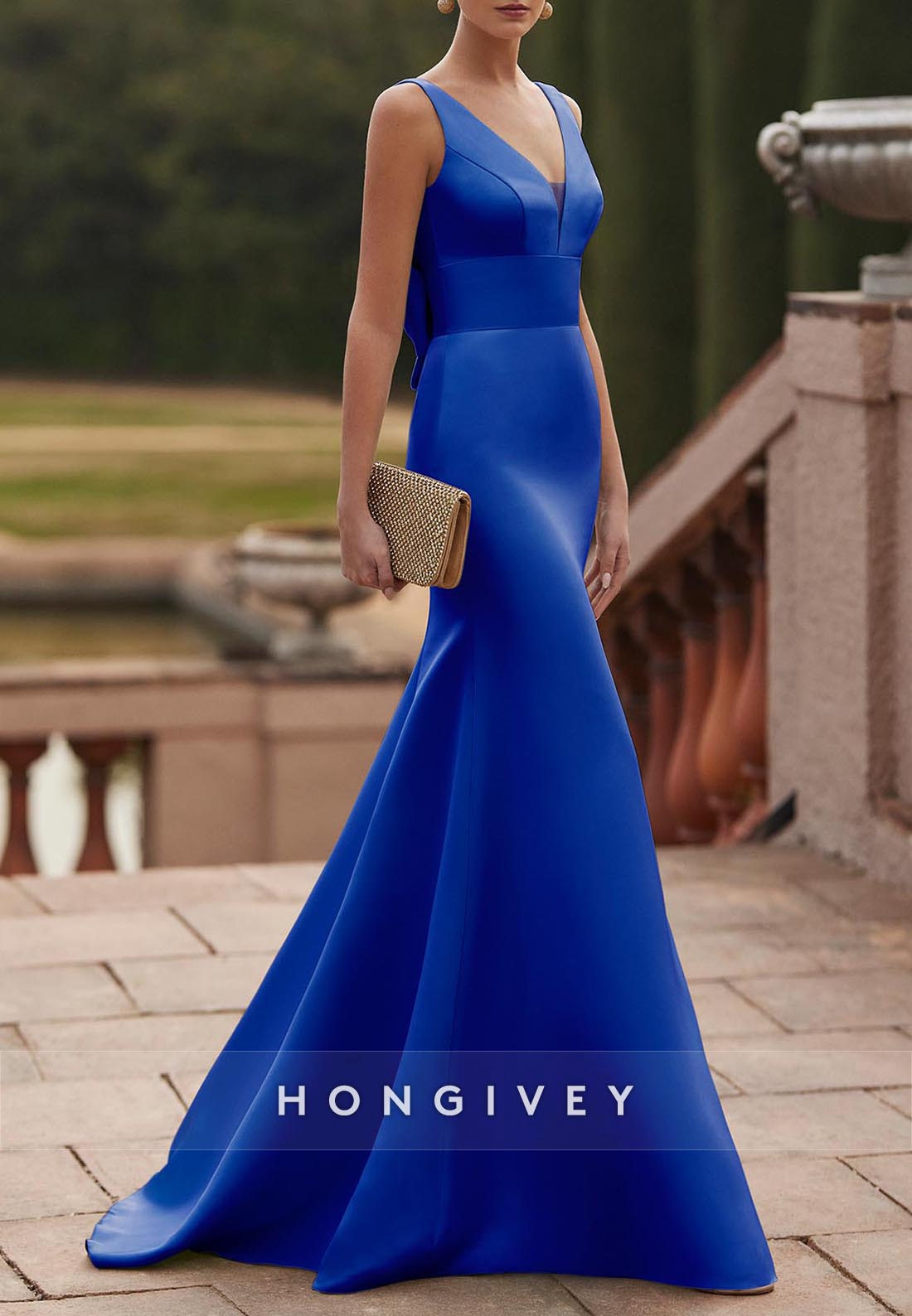 Low Back Bowknot Trumpet Sweep Mother of Bride Train V Neck Satin Pleated Evening Gown