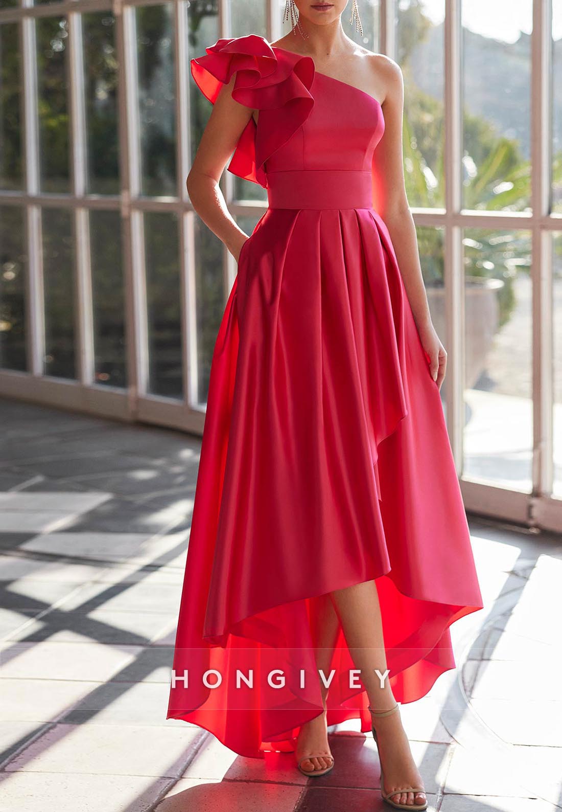 Princess Asymmetrical One Shoulder Satin Pleated Shoulder Flower Evening Gowns