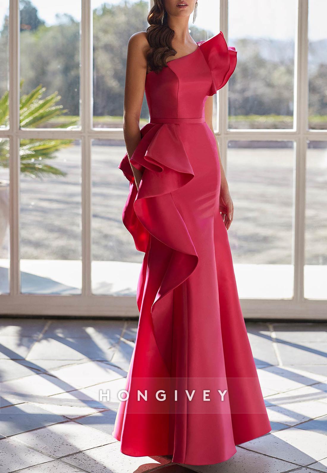 Trumpet Ankle-Length One Shoulder Mother of Bride Satin Pleated Ruffles Evening Gown