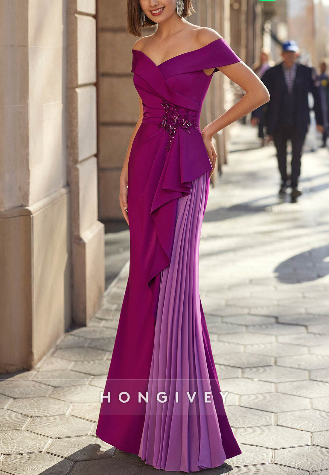 Cascading Ruffles Trumpet Floor-Length Off the Shoulder Satin Appliques Lace Evening Gown
