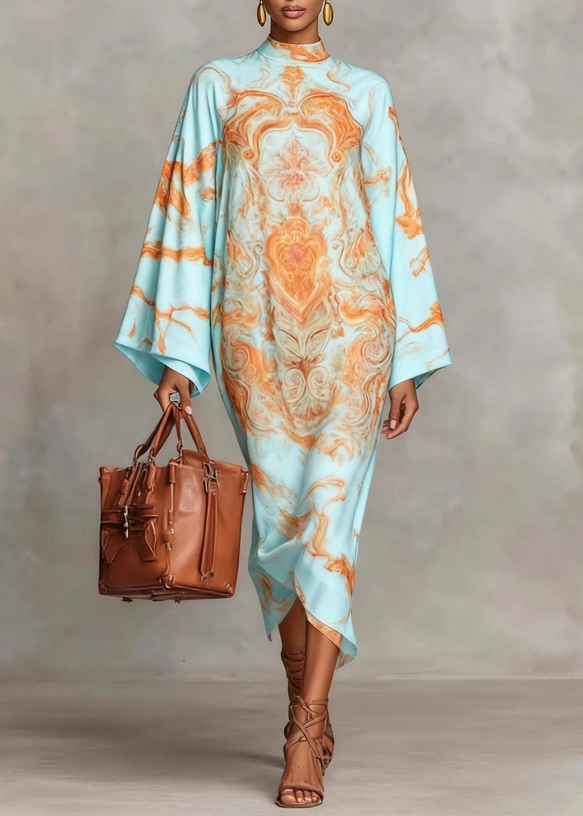 Mock Neck Bell Sleeve Marble Print Shift Midi Dress