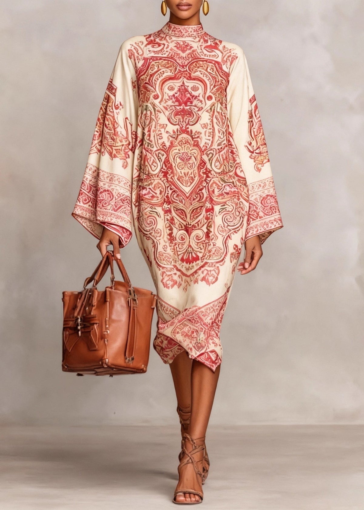 Mock Neck Bell Sleeve Marble Print Shift Midi Dress - View 2