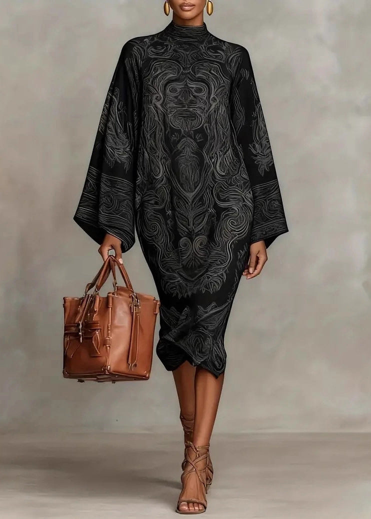 Mock Neck Bell Sleeve Marble Print Shift Midi Dress - View 3