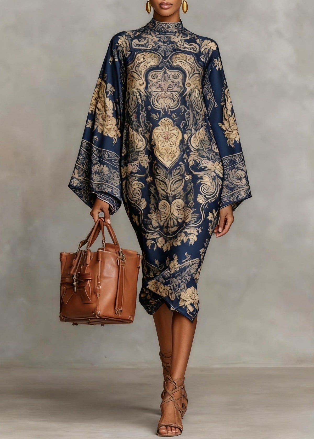 Mock Neck Bell Sleeve Marble Print Shift Midi Dress - View 4