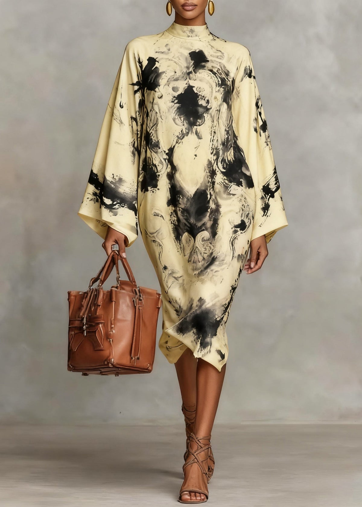 Mock Neck Bell Sleeve Marble Print Shift Midi Dress - View 5