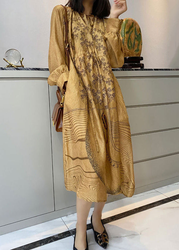 V-Neck Tie Front Long Sleeve Botanical Graphic Print Midi Dress - View 2