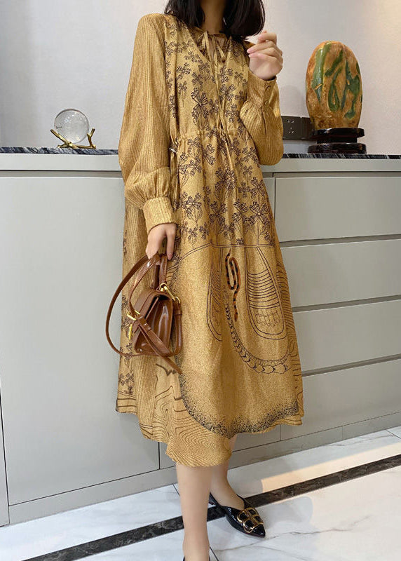V-Neck Tie Front Long Sleeve Botanical Graphic Print Midi Dress - View 3