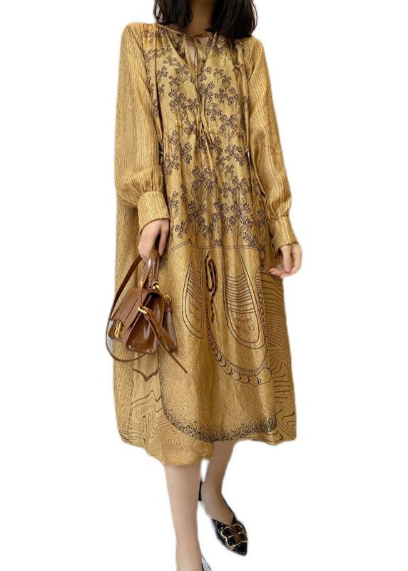 V-Neck Tie Front Long Sleeve Botanical Graphic Print Midi Dress - View 5