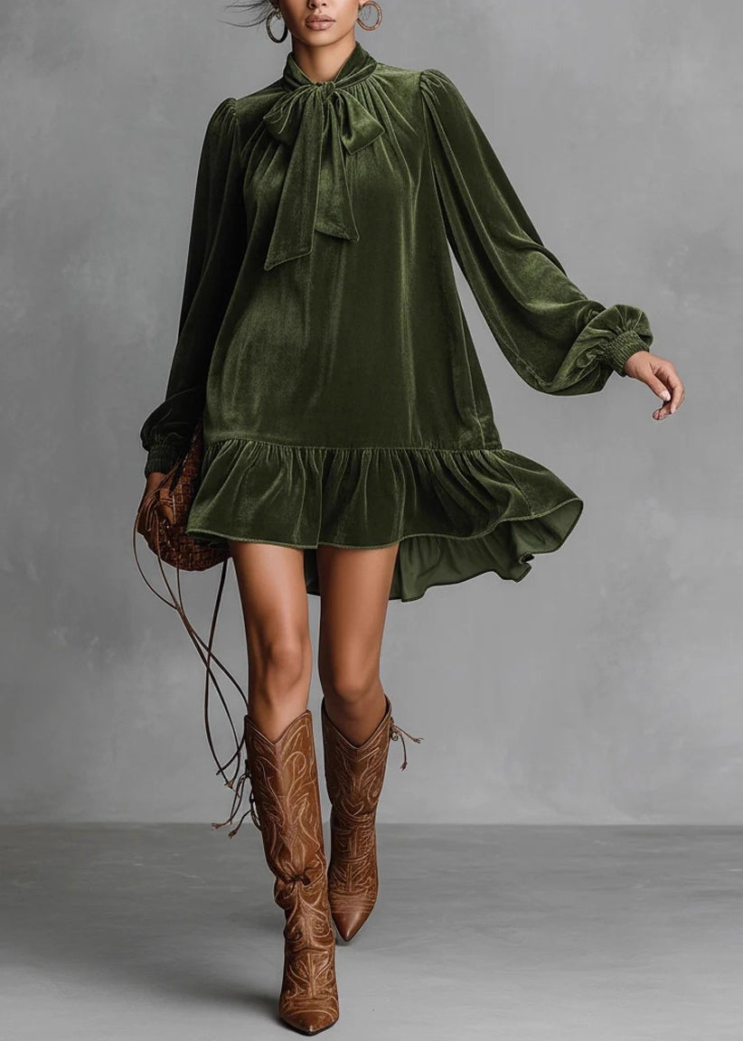 Velvet Pussy Bow Neck Bishop Sleeve Ruffle Tier Mini Dress