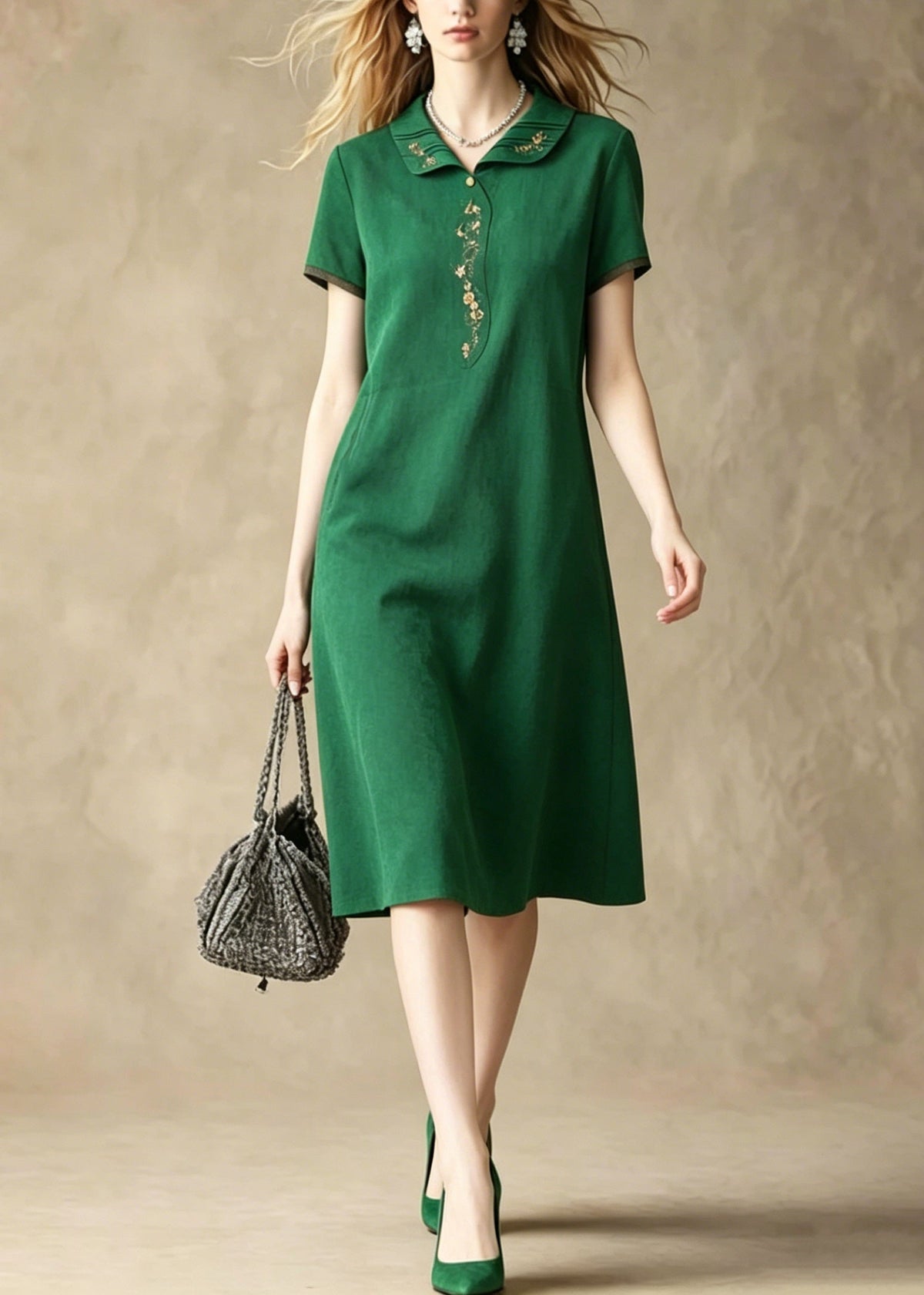 Short Sleeve Peter Pan Collar Embroidered Trim Knee Length Shift Dress - View 5
