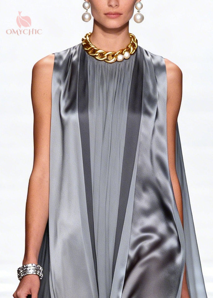 Satin High Neck Sheer Cape Panel Sculpted Rosette Hem Maxi Gown - View 2