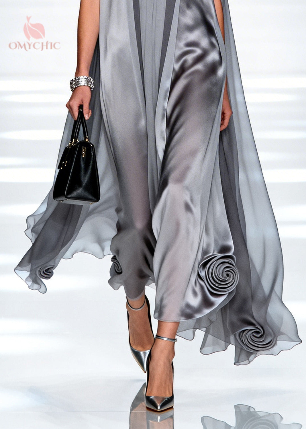 Satin High Neck Sheer Cape Panel Sculpted Rosette Hem Maxi Gown - View 4