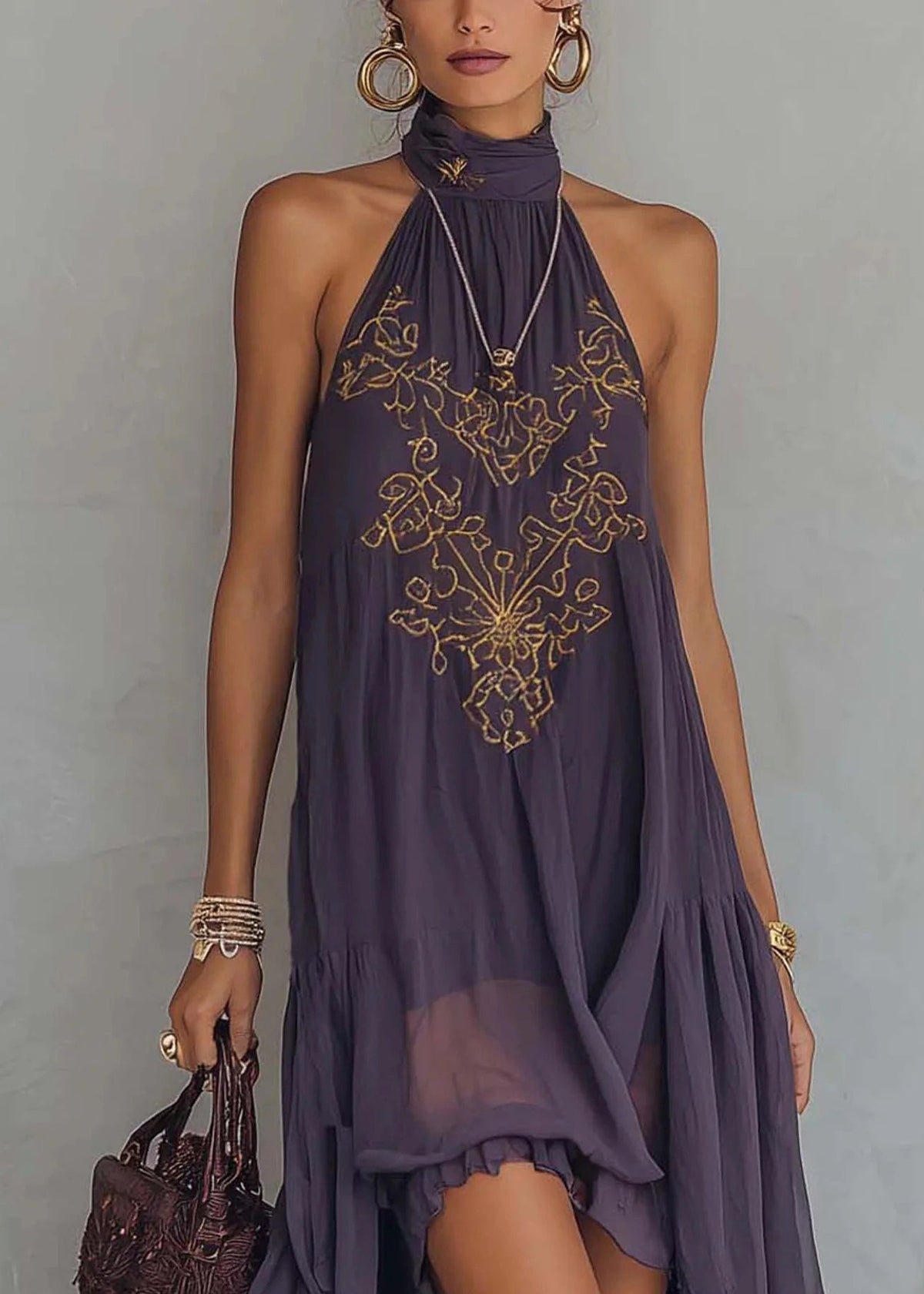 Embroidered Halter Neck Sleeveless Tiered Ruffle Midi Dress - View 4