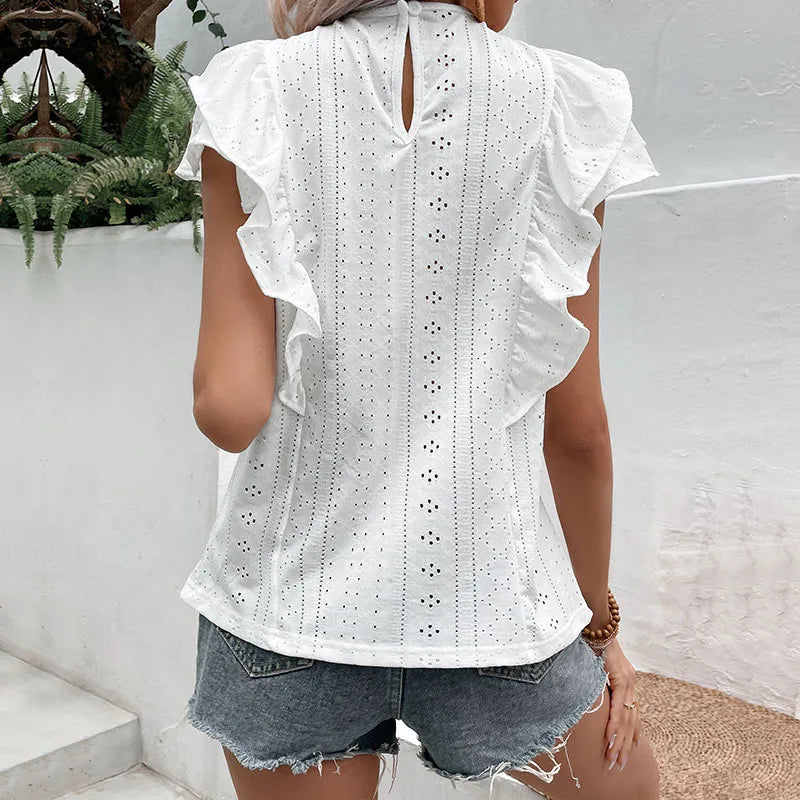 Ruffled Lace O-neck Butterfly Sleeve Casual Blouse