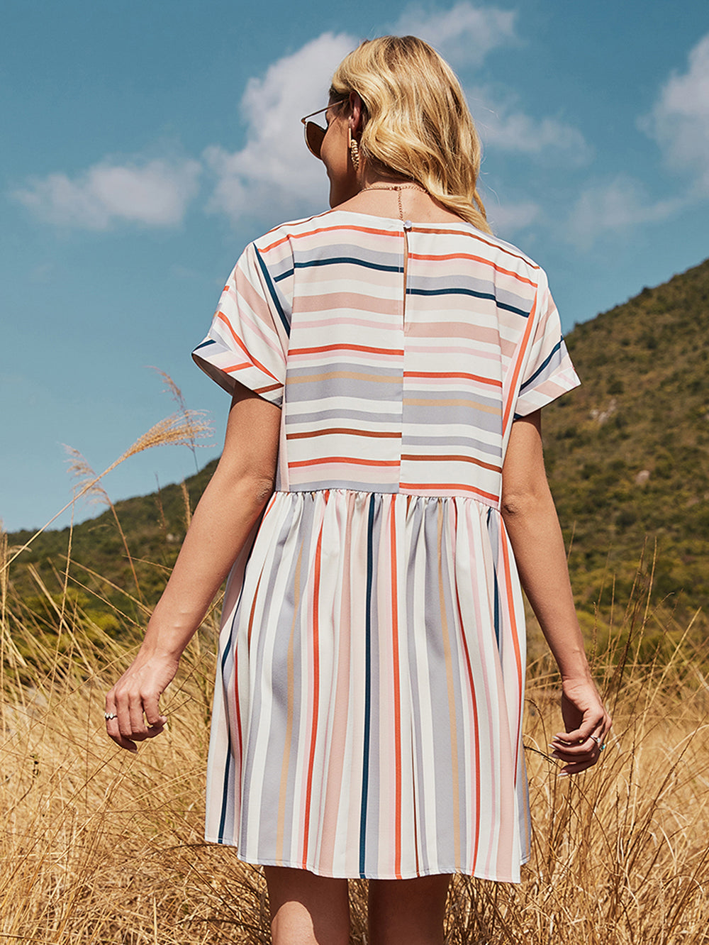 KittenAlarm - Loose Short-sleeved Mid-length Round Neck Casual Striped Dress