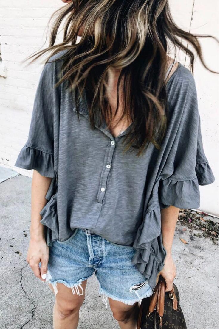 Loose Ruffle Sleeve Buttoned T-shirt - Fashionpara