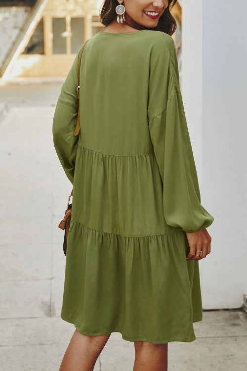 Loose Tie Neck Ruffled Dress With Long Sleeves