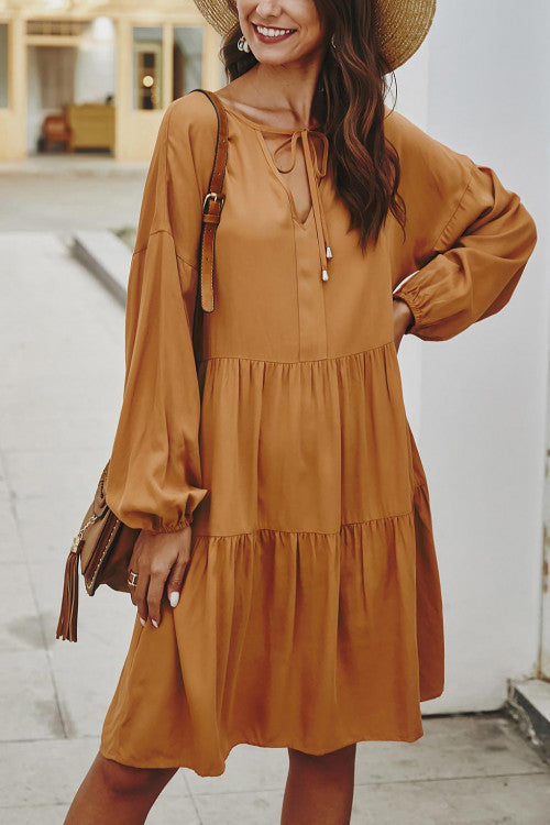 Loose Tie Neck Ruffled Dress With Long Sleeves - Mislish