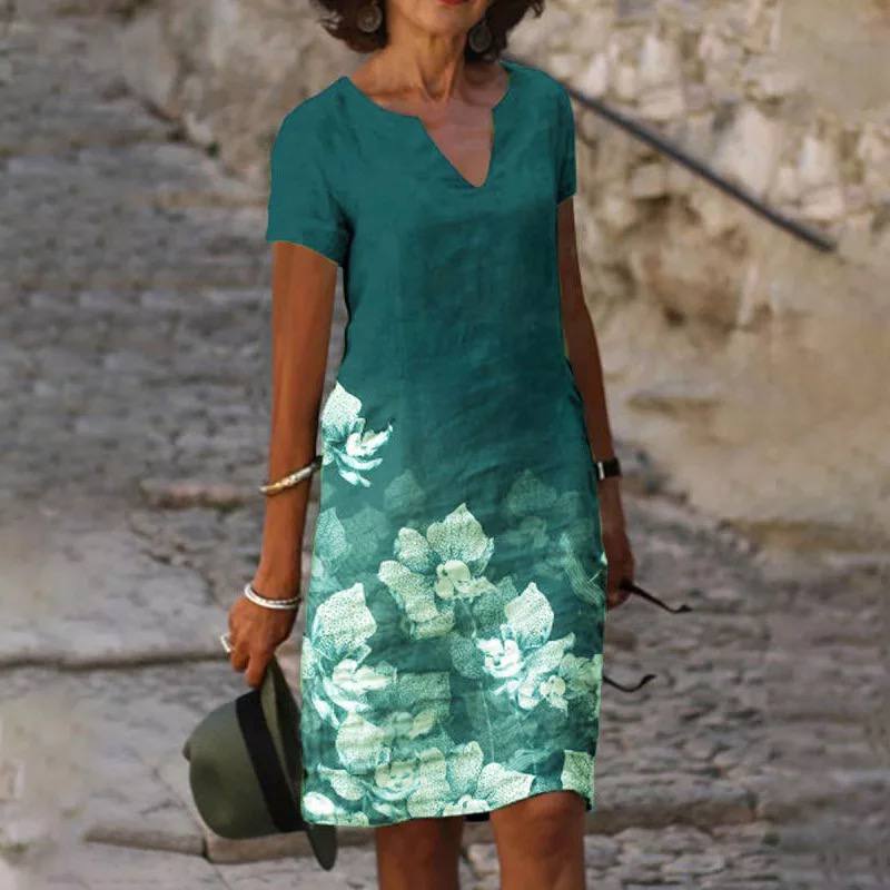 Floral Print V-Neck Short Sleeve Shift Midi Dress - View 2