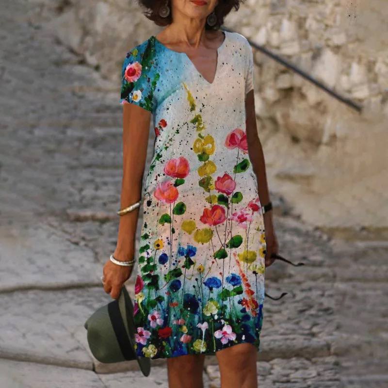 Floral Print V-Neck Short Sleeve Shift Midi Dress - View 4