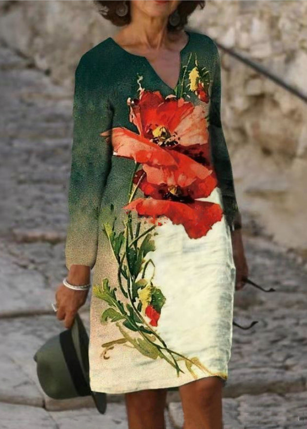 Floral Print V-Neck Short Sleeve Shift Midi Dress - View 5