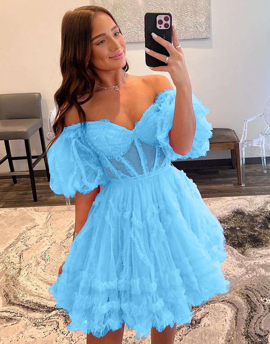 Sweet A-Line Off The Shoulder Short Tulle Homecoming Dress - Fashionpara